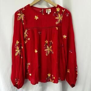 Fig and Flower Red Embroidered Floral Semi-Sheer Top Ballon Sleeves Size Medium